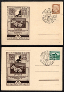 1938 (15 Oct) 60th Anniversary of the Association of Consumers of Postage Stamps, Frankfurt, Third Reich, Germany, Swastika, Postcards with Rare Propaganda Commemorative Postmarks