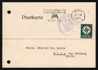1938 (15 Aug) International Leipzig Fair, Third Reich, Germany, Nazi, Postcard from Bonn to Lipp (Bedburg) with Commemorative Postmark