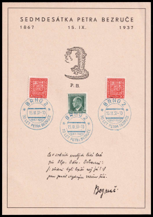 1937 (15 Sept) Brno, Czechoslovakia, '70 Years of Peter Bezruc', Souvenir Sheet (Cancellations)