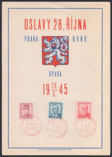 1945 (28 Okt) Czechoslovakia, 'Celebration on October 28', Souvenir Sheet (Cancellations)