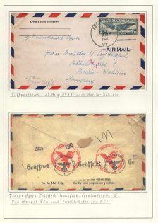 1941 (12 Aug) United States, Third Reich Censored Cover on Exhibition Sheet to Berlin via Frankfurt Test Center, Germany Rare Censorhip