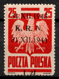 1944-45 1zl on 25gr Republic of Poland (Fi. 344, Shifted Overprint Upwards, Signed, CV $30)
