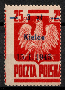 1945 3zl on 25gr Republic of Poland (Fi. 353, 'Kielce', Shifted Perforation, MNH)
