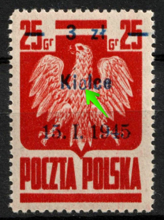 1945 3zl on 25gr Republic of Poland (Fi. 353 B7, 'Kielce', 'o' instead 'e', CV $20, MNH)